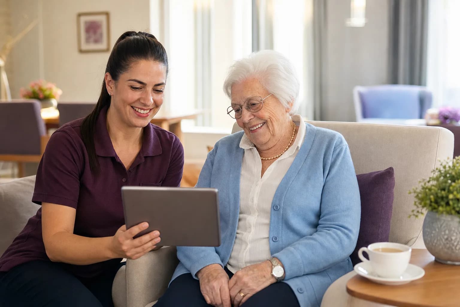 A carer and an aged care resident smiling over a tablet in a bright common room