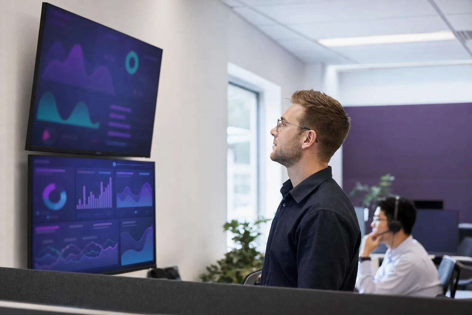 An engineer monitoring service delivery dashboards in an IT operations office